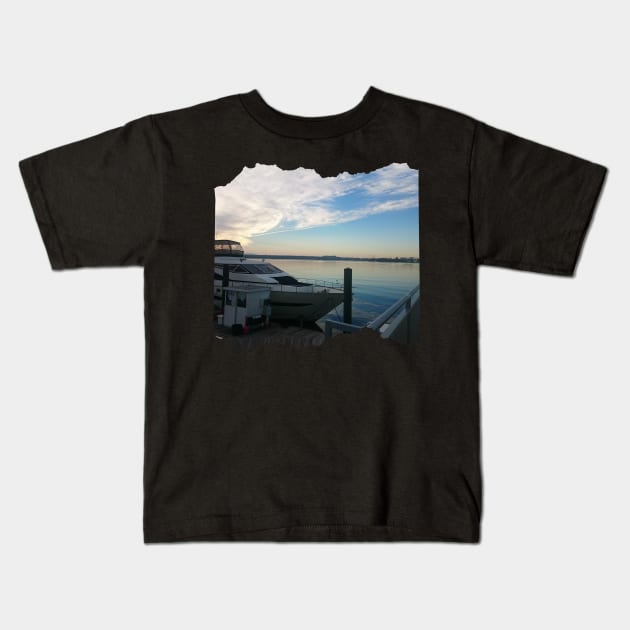 Sunset by the ocean city in USA photography design boat Kids T-Shirt by BoogieCreates